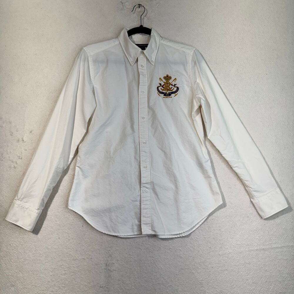 Ralph Lauren Polo Embroidered Gold Crest RL Logo White Button-Up Shirt Womens 12